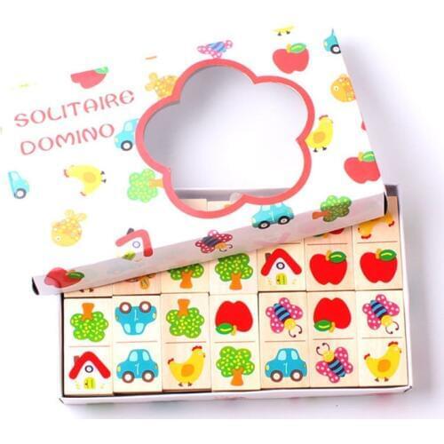 28Pcs Wooden Domino Blocks Fruit Animal Recognize Toys Educational Jigsaw Childrens Montessori Building Blocks Learning Toy Set