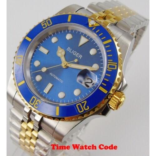 40mm Bliger Mechanical Automatic Movement Mens Wristwatch blue Dial Jubilee Sapphire Date indicator luminous roating bezel