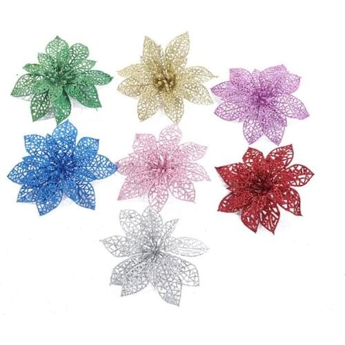 5PCS/Lot Hollow Gold Powder Multicolor Simulation Christmas Flower DIY Xmas Tree Hanging Ornaments Home Arrangement Accessories