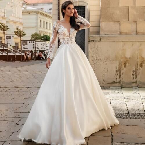 Elegant Wedding Dresses Satin V-Neck Long Sleeves Beaded Lace Appliques Open Back Bride Dress Lace-up Back A-Line Bridal Gowns