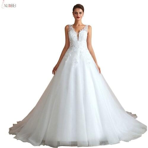 White Ivory Tulle Wedding Dress 2019 A line Sequined Bridal Dresses V Neck Sleeveless Wedding Gowns Beach robe de mariee