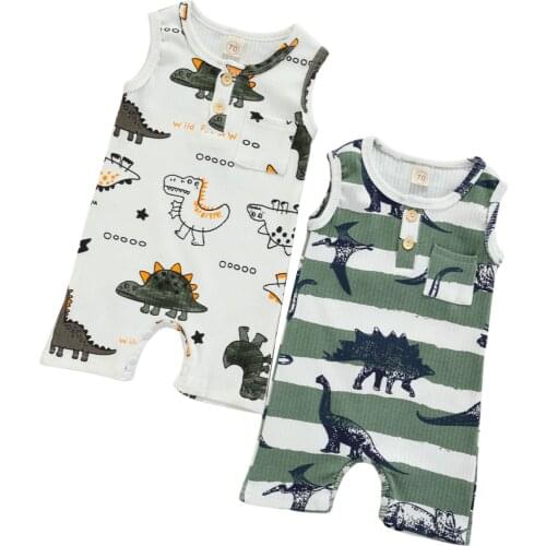 Baby Dinosaur Print Short Romper, Boys Sleeveless O-neck Jumpsuit with Pocket for Summer