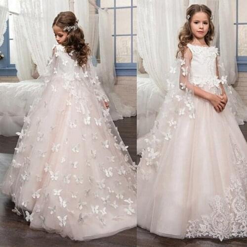 Custom Baby Girl Long Lace Princess Butterflies Flower Girl Dress Girls First Communication Dress 2021 with Cape