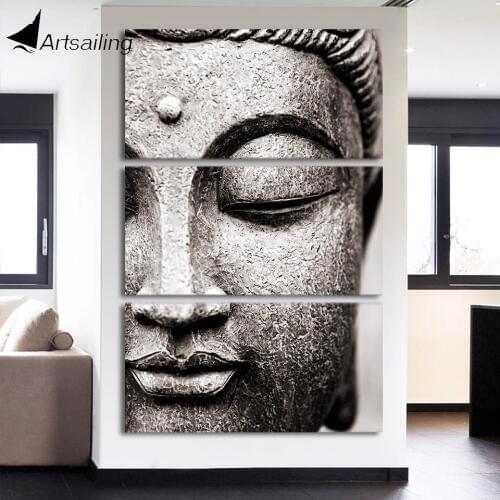 ArtSailing Canvas painting Wall Art Gray 3 Panel Modern Large Buddha Wall Print on Canvas Home Living Room Decoration NY-7782C