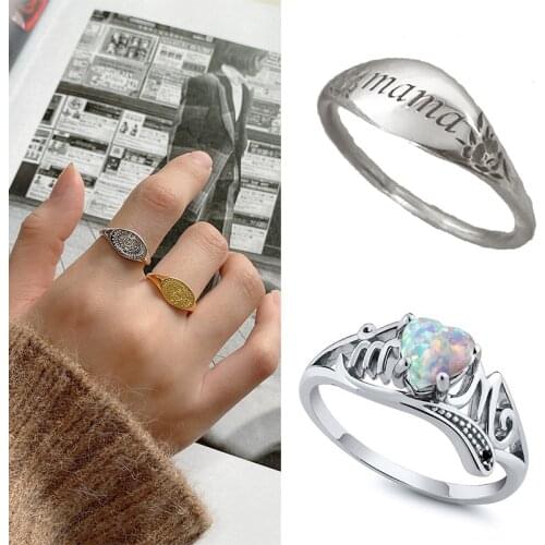 Classic Womens Ring Engraved Flower Sun Moon Rings Lettering Statement Mama Finger Ring Blessing Mothers Birthday Best Gift