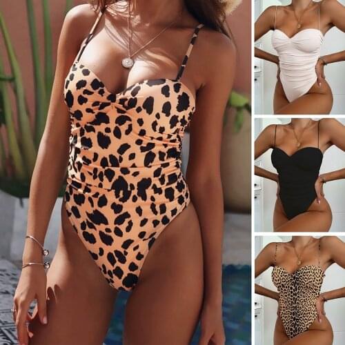 Summer Women Sexy Holiday Sleeveless V Neck Leopard/Solid Color Slim Padded One-Piece Swimsuits Beach Bathing Club Bodysuits