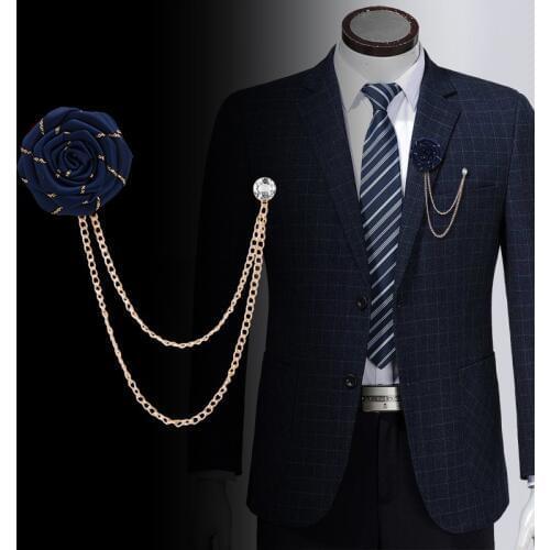 Fashion Ribbon Flower Fabric Rose Flowers Brooch Mens Tassel Chain Suit Brooches Men Accessories Handmade Lapel Pin Brooch