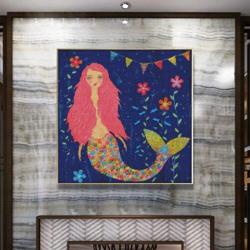 Watercolor mermaid cross stitch kit beautiful mermaid princess pattern 11CT embroidery DIY handmade needlework home decoration