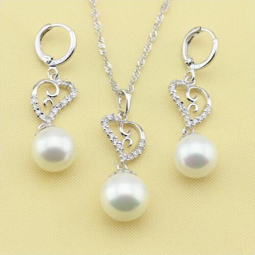 XUTAAYI Imitation Pearl Jewelry Sets, Pretty Heart White Crystal Silver color Overlay Necklace And Drop Earrings For Women
