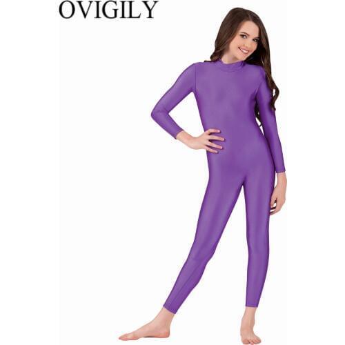 OVIGILY Girls Purple Ballet Dance Unitard For Kids Gymnastics Bodysuits Childrens Stretchy Nylon Turtleneck Long Sleeve Unitards