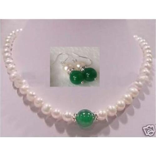 Selling beautiful 7-8mm white pearl 10mm green jadeS necklace 18''+earring set AAQ>>> women jewerly
