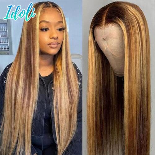 Straight Ombre Highlight Human Hair Wigs 13x4 Lace Frontal Wig Remy Human Hair Wigs Honey Blond Brazilian Hair Wigs 8-30Inch