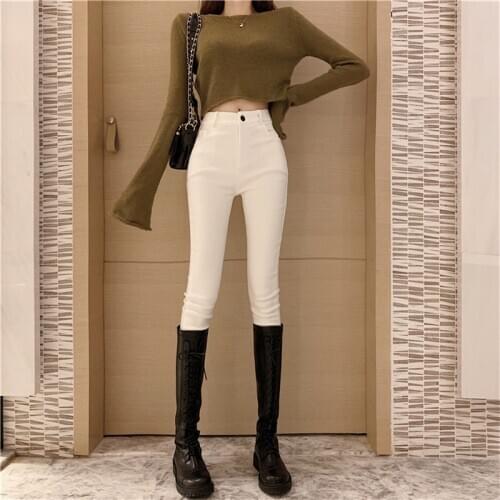 Real Shot 2020 New Fashion Design Retro Korean Style High Waist Stretch Skinny Bottoming Casual Nine-Point Jeans