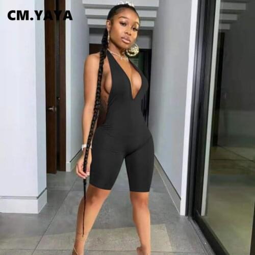 CM.YAYA Sexy Halter Deep V-neck Backless Womens Playsuit Active Sleeveless Bodycon Romper Workout One Piece Overalls Outfit