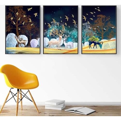 Nordic Forest Deer Animal And Birds Landscape Canvas Painting Poster Decor Wall Art Picture For Living Room Bedroom Aisle Studio