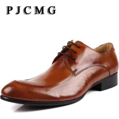 PJCMG Oxford Shoes Brown/ Black Mens Business Dress Lace-Up Shoes Genuine Leather Pointed Toe Mens Wedding Shoes