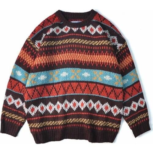 Vintage Men Sweater Pullover Knitted Fashion Korean Autumn Winter Warm Loose O-neck Patchwork Casual Trendy Sweater Fashion Top