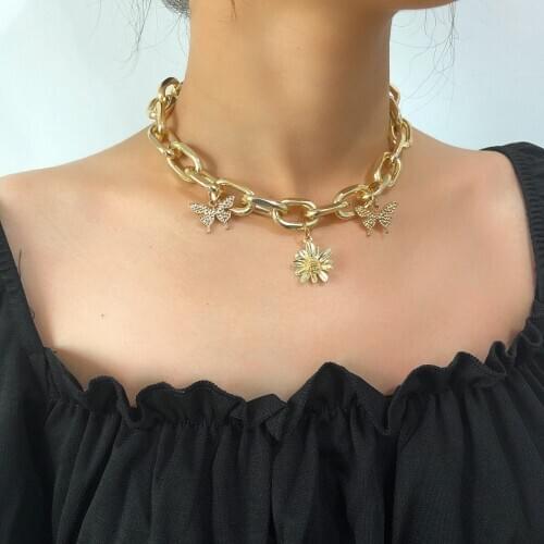 Butterfly Flower Pendant Thick Chain Clavicle Chain Charm Fashion Jewelry Necklace For Women Choker Necklaces Adjustable
