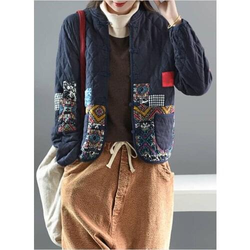 Autumn Winter Arts Style Women Long Sleeve Vintage Short Coat Patchwork Cotton Linen Single Breasted Thicken Jackets