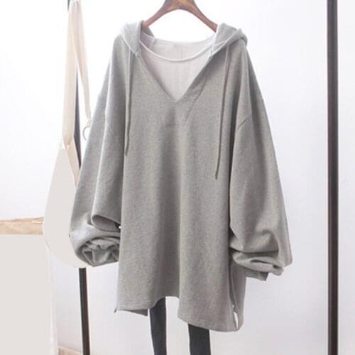 Loose Women Sweatshirt Casual Hooded Long Sleeve Hoodies Streetwear Autumn V Neck Solid Color Pullover Tops(only Sweatshirt )