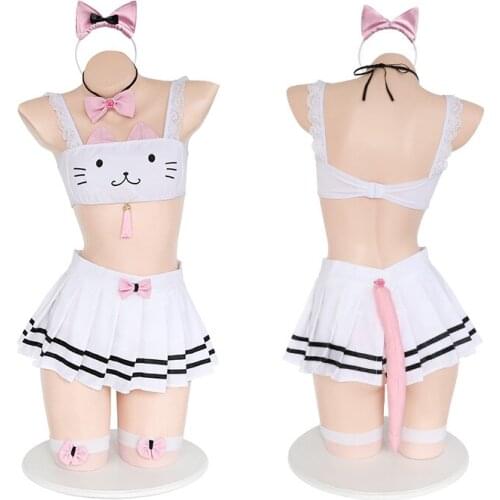 Women Sexy Cosplay Lingerie Student Uniform School Girl Ladies Erotic Costume Dress Embroidery cute cat MiniskirtOutfit One size