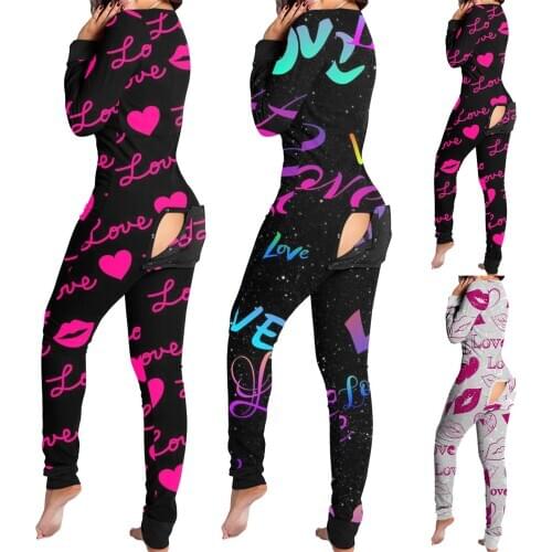 2021 Sexy Women Long Sleeve Love Print Pijamas Button Flap Nightwear Jumpsuit Bodysuit Playsuit Romper Onesies пижама женская q5