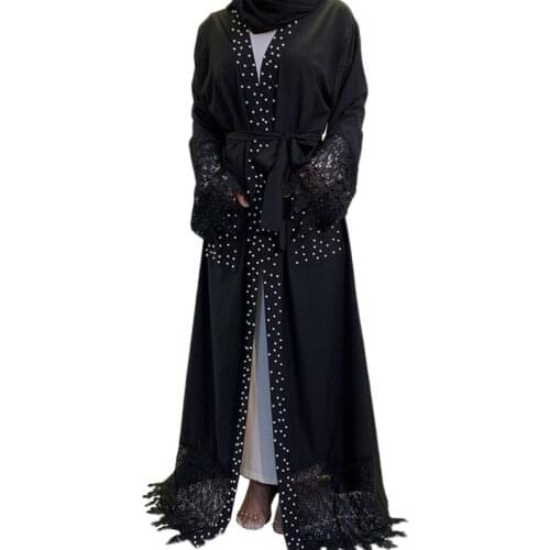 Dubai Arab Maxi Robe Abaya Muslim Beading Open Kimono Patchwork Gown Middle East Kaftan Turkish Lace Patchwork Pockets Islamic