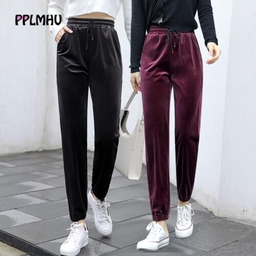 Casual Loose Velvet Sweatpants Women Big Size Korean Drawstring Elastic High Waist Harem Pants Fashion Ankle Band Sports Trouser