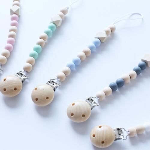 DIY Wooden Baby Pacifier Clips Funny Pacifier Chain with Pure Color for Baby, Baby Shower Gift BPA Free