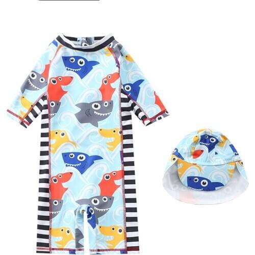 Childrens Swimsuit Boys One-Piece Blue Shark Print Swimwear Middle and Small Children Boys Baby Sunscreen Surfing Suit XYY-37