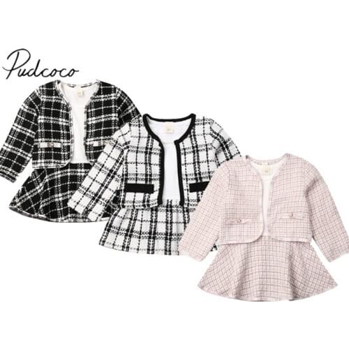 Pudcoco US Stock 6M-5T 2PCS Baby Spring Autumn Clothing Baby Girl Pageant Plaid Coat & Tutu Dress Party Outfits Fashion Clothes