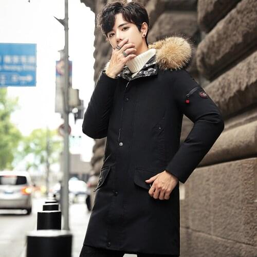 Mens coat in the long Korean version of the trend in autumn and winter, heavy fur collar thickened windbreaker