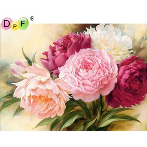 DPF Full Square 5D DIY Diamond Painting Cross Stitch Pink White Peony diamond Embroidery Rhinestone diamond Mosaic Painting Gift