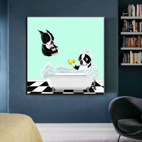 Cute Dog Bathing Nursery Poster and Prints Wall Art Canvas Painting Modern Kids Living Room Bathroom Decorative Modular Pictures