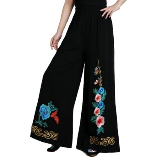Chinese Style Embroidery Flower Womens Casual Pants Elastic Waist Cotton Linen Wide Leg Pants Full Length