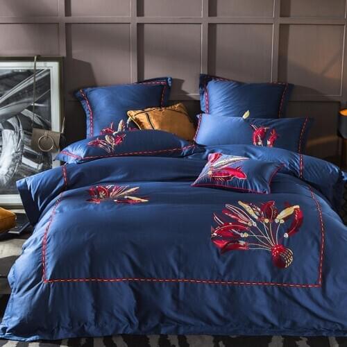 Coffee 100S Egyptian Cotton Luxury Royal Embroidery Bedding Set 4/6pcs King Queen Wedding Bed Sheet Cover set Duvet Cover Blue