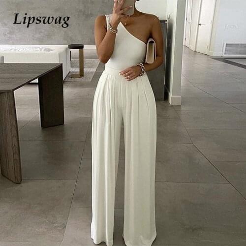 Elegant Women Solid One Shoulder Jumpsuits Party Casual Loose Wide Leg Pants Playsuit Summer Fashion Ladies Overalls 2021 Romper