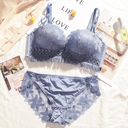 Ladies sexy bra fringed palm cup lace flower noodle bra set gather adjustable bra soft and comfortable breathable underwear set