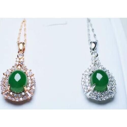 925 Silver Green HeTian Jade Inlay Zircon Design Lucky Pendant + Chain Necklace For Women Fine Jewelry Certificate