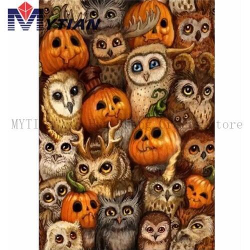 5D Diamond Painting Kit Owls,Pumpkins,Fall,Halloween,Thanksgiving, Diamond Embroidery Cross Stitch Mosaic Full Drill Wall Decor