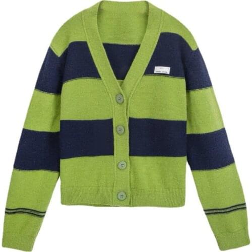 2021 spring and autumn new products striped v-neck knitted cardigan sweater womens short fresh and casual