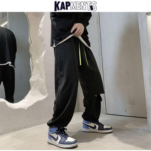 KAPMENTS Men Solid Hole Harajuku Wide Leg Sweatpants 2021 Mens Streetwear Straight Baggy Joggers Man Vintage Fashion Black Pants