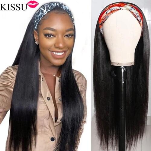 KISSU wholesale Cheap Headband Wig Human Hair Brazilian hair Wig Machine Made Bone Straight Human hair Wig Headband Scarf Wigs