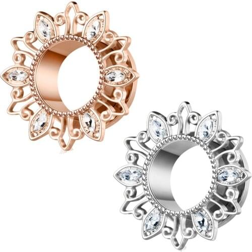 Crystal Rose Gold Double Flared Hollow Screw Ear Plug and Tunnel Gauges Screw Ear Expander Stretcher Body Jewelry Ear Piercing