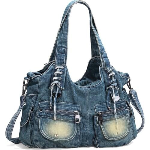 Bag Vintage Fashion Women Casual Denim Handbag Lady Large Capacity Jeans Tote Lace Up Zipper Shoulder Messenger Bag Motorcycle