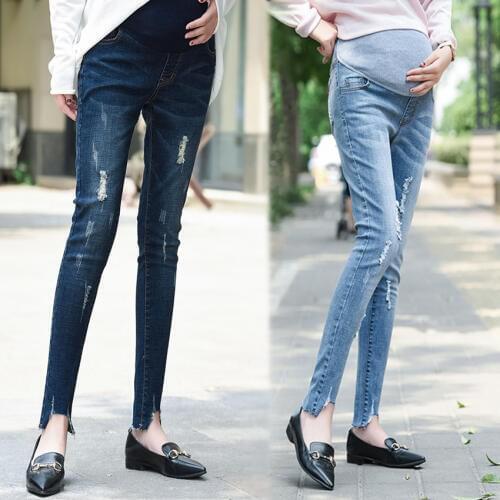 High stretch denim maternity pants thin section fashion hole slim self-cultivation trousers pregnant stomach lift stretch jeans