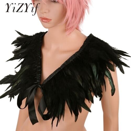 YiZYiF Victorian Real Natural Feather Shrug Shawl Shoulder Wrap Cape Gothic Collar with Ribbon Ties for Cosplay Costume Party