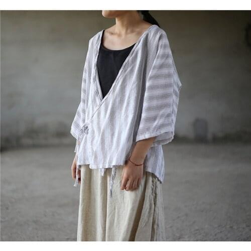 Women Loose Cotton Linen Jackets Outerwear Ladies Vintage Stripe Tops Coat Female Loose Jacket 2021