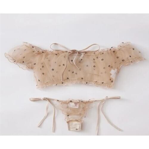 Womens Floral Prints Underwear Two Piece Set Female Sexy Perspective Mesh Top Pleated Pantie Suit Ladies Honeymoon Exotic Set