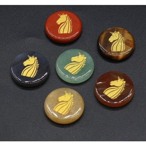 6Pcs/set Natural Stone Carved Unicorn Round Shape Reiki Heal 7 Chakra Crystal Pendant Necklace No Hole High Quality